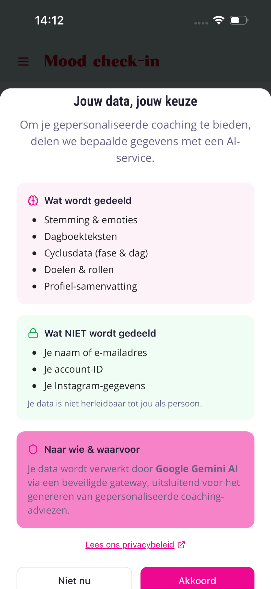 Opt-in scherm 'Jouw data, jouw keuze' met drie blokken: Wat wordt gedeeld, Wat NIET wordt gedeeld en Naar wie & waarvoor, met onderaan knoppen 'Niet nu' en 'Akkoord'.