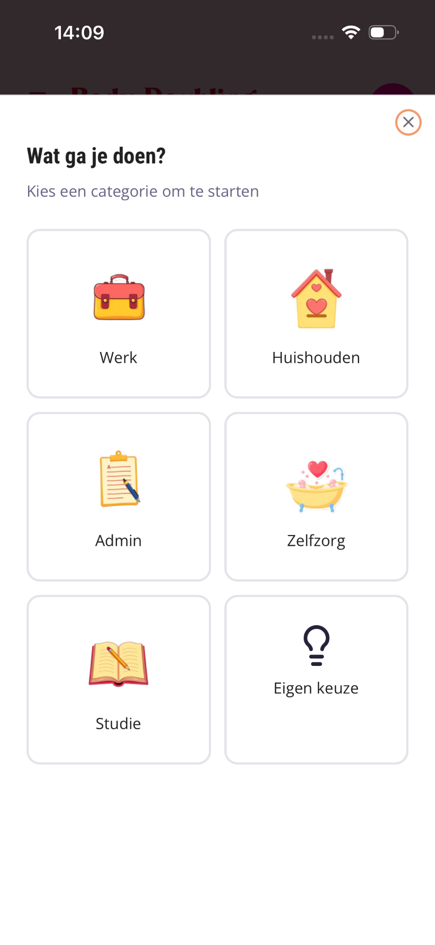 Sheet 'Wat ga je doen?' met categorieën Werk, Huishouden, Admin, Zelfzorg, Studie en Eigen keuze