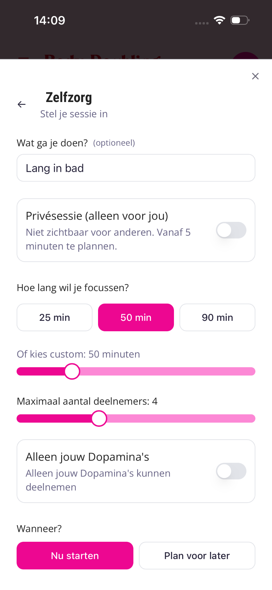 Instelscherm met velden voor omschrijving, privésessie, duur, deelnemers en startmoment