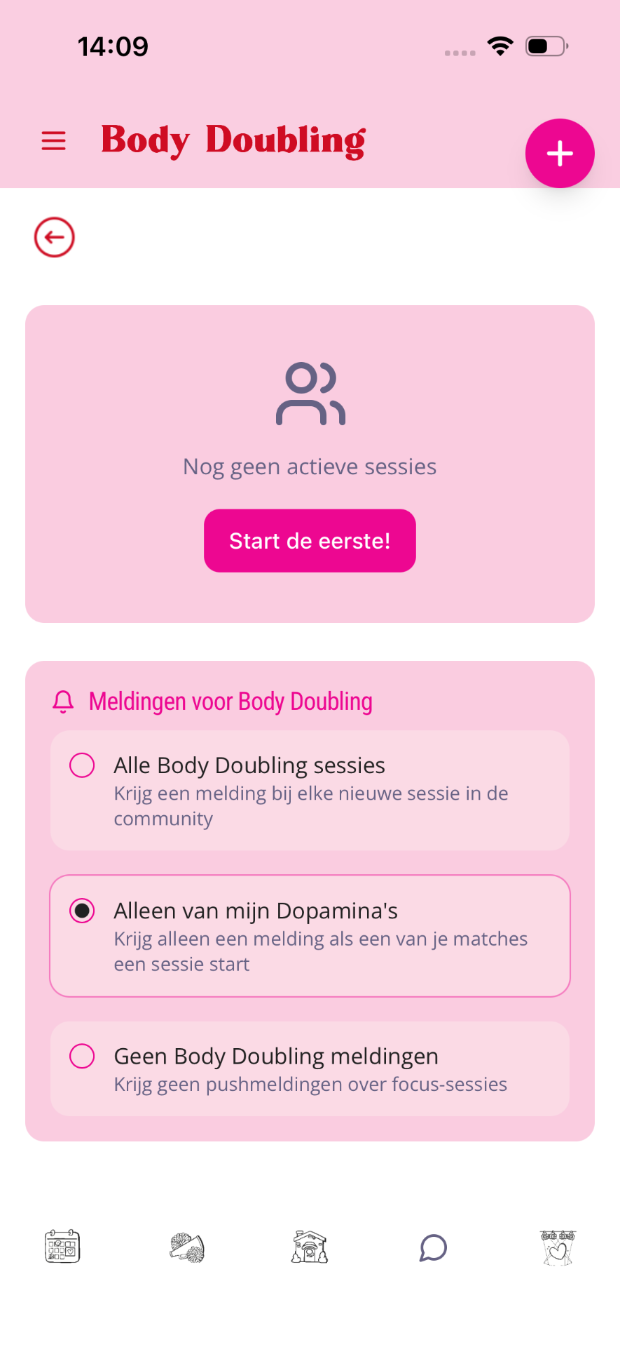 Body Doubling-scherm met lege staat 'Nog geen actieve sessies' en meldingsopties