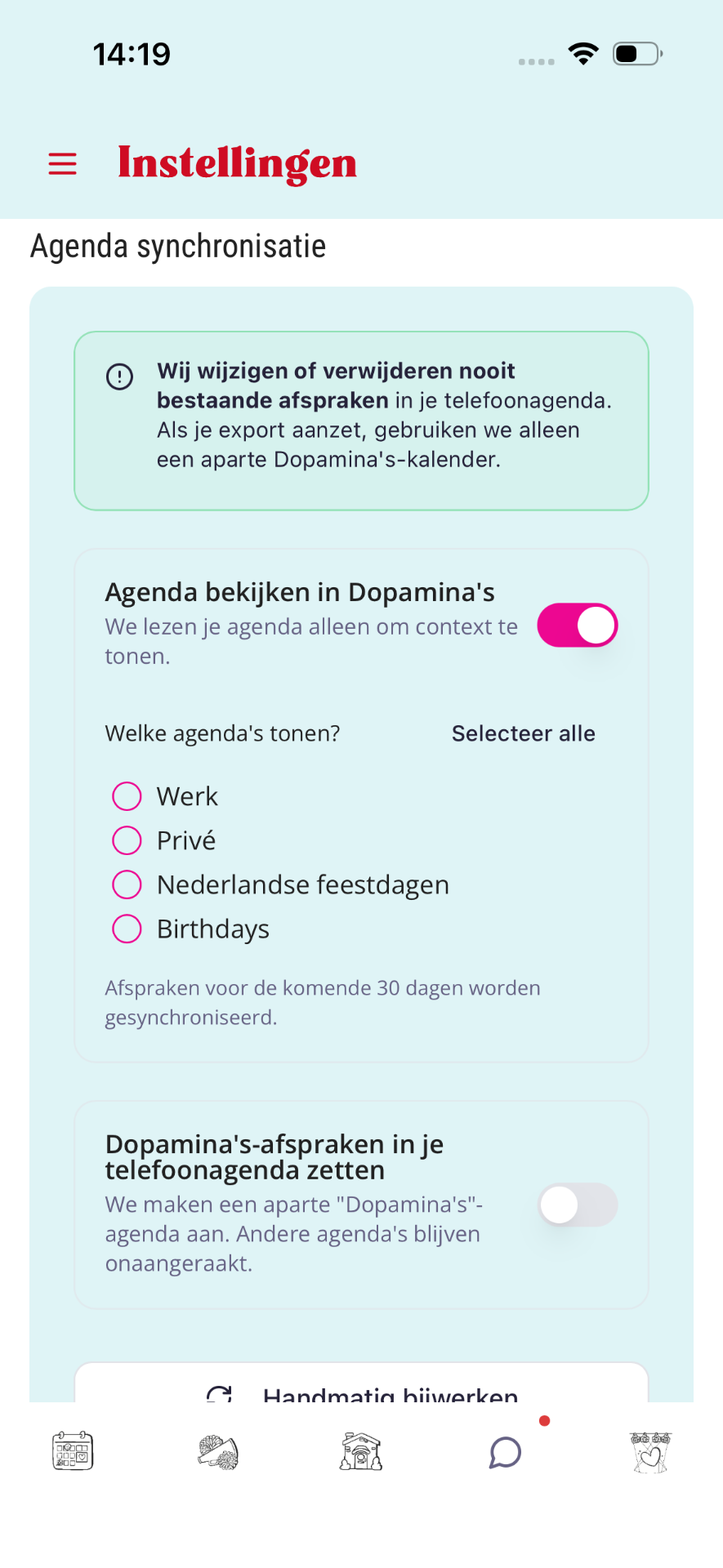 Agenda-sync met toggle, agenda-keuze en Dopaminas-export toggle.