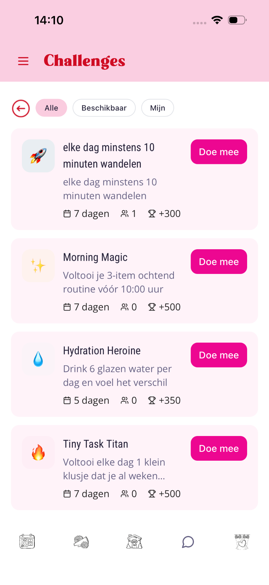 Challenges-pagina met Morning Magic, Hydration Heroine, Tiny Task Titan en een wandel-challenge, elk met duur en aantal deelnemers