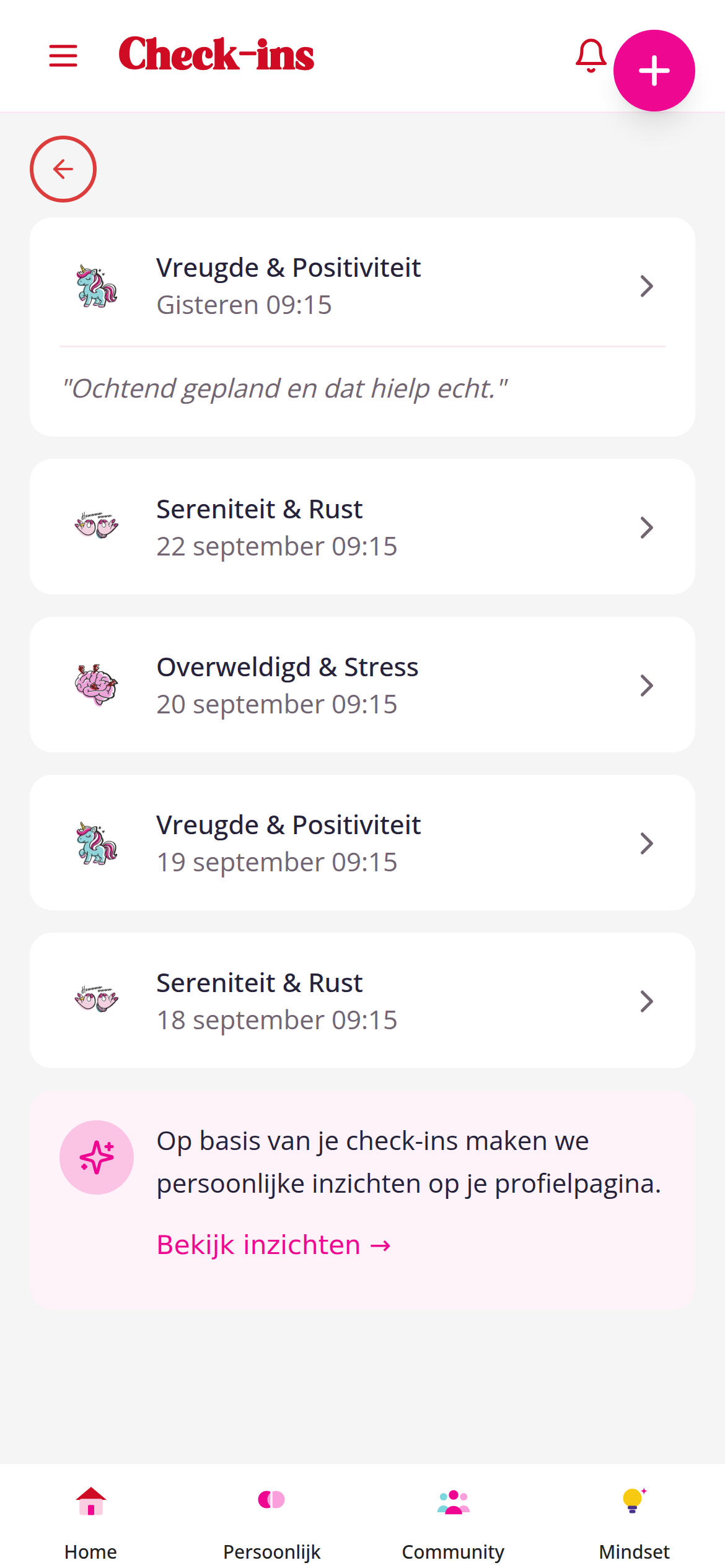 Je check-ins terugkijken, nieuwste bovenaan