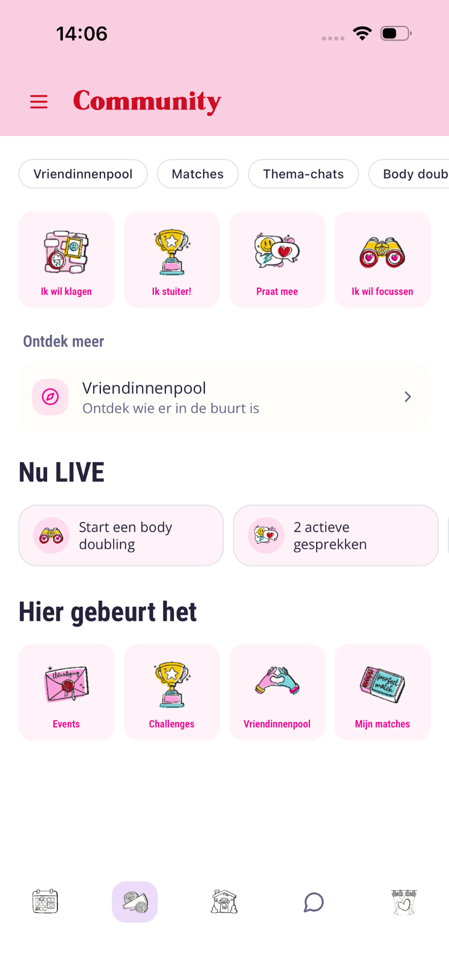 Community-startscherm met categorieën, Nu LIVE en Hier gebeurt het