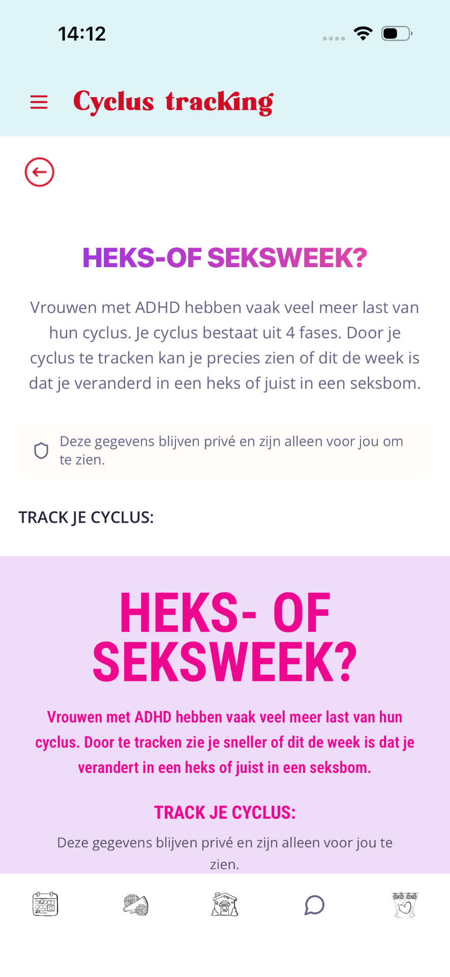 Intro-scherm Heks- of seksweek met privacy-melding.