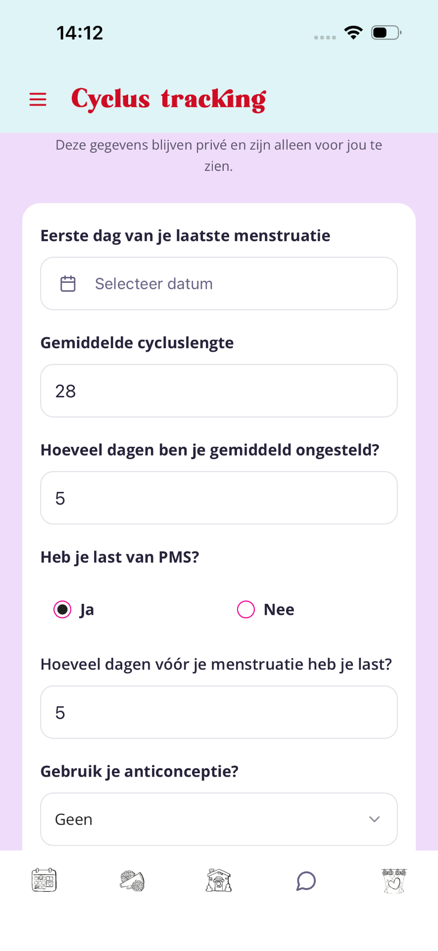 Formulier met datum, cycluslengte, menstruatieduur en PMS.