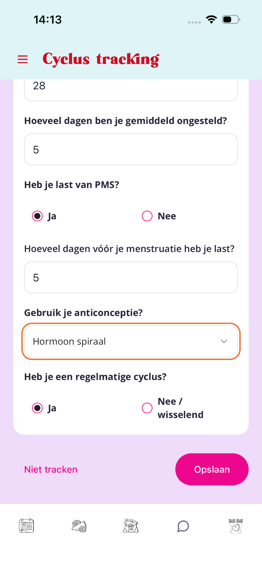 Keuze anticonceptie en regelmatige cyclus met Opslaan-knop.