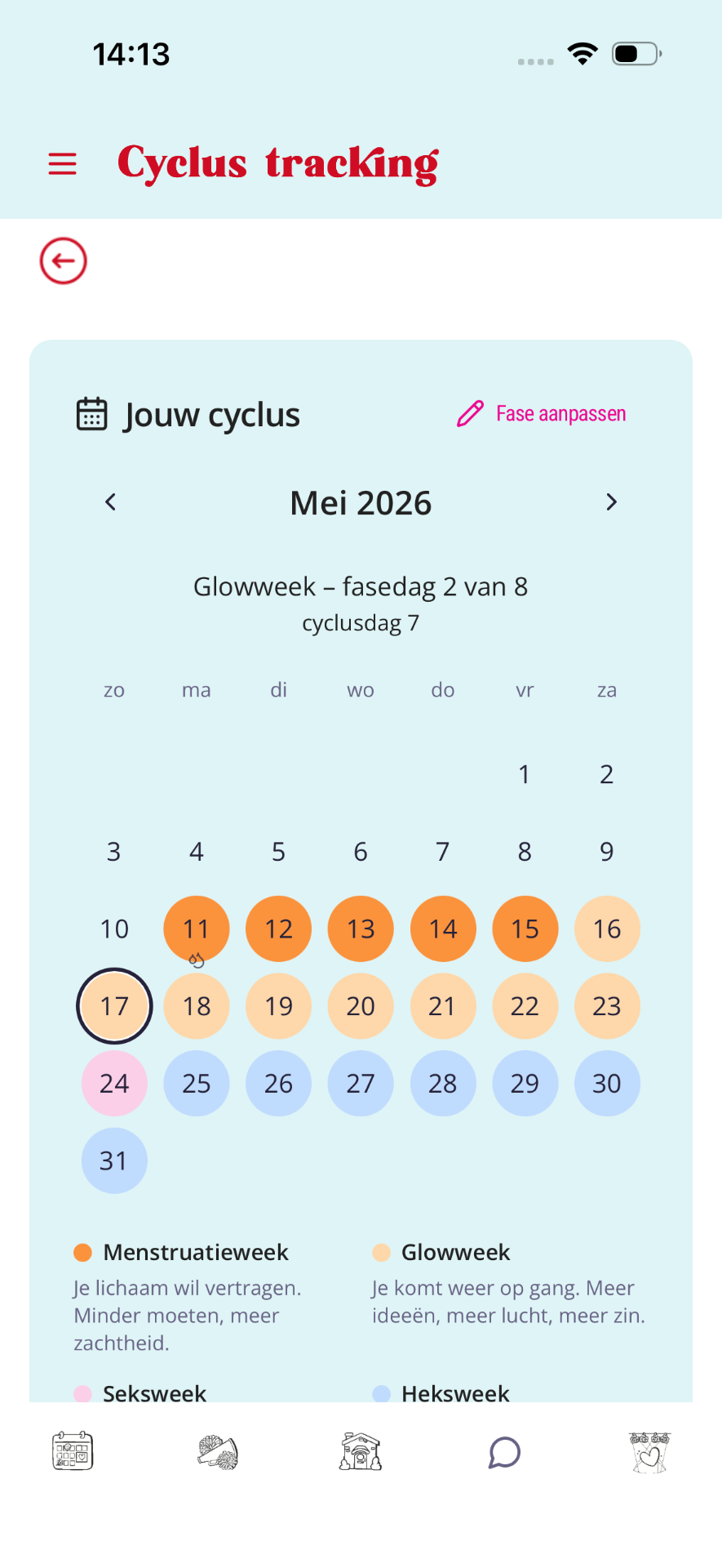 Maandkalender met gekleurde fasen en legenda.
