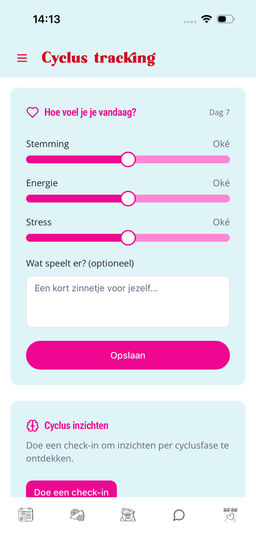 Drie sliders voor stemming, energie en stress plus notitieveld.