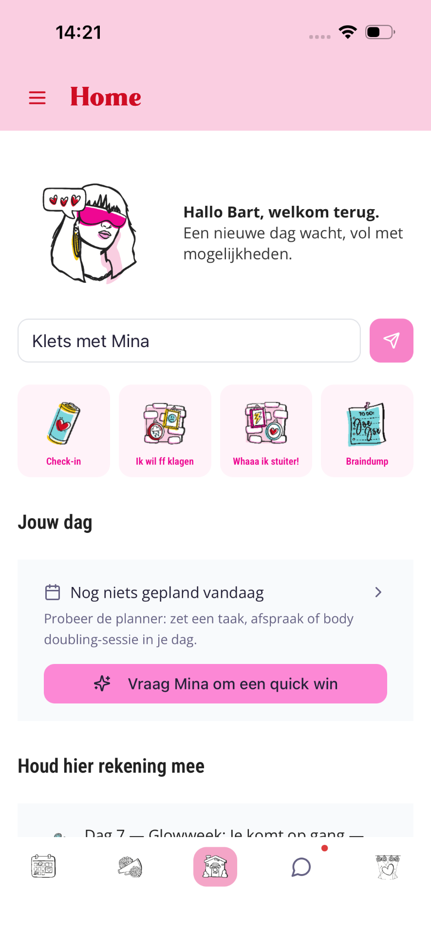 Home-scherm met begroeting, 'Klets met Mina'-veld en quick actions