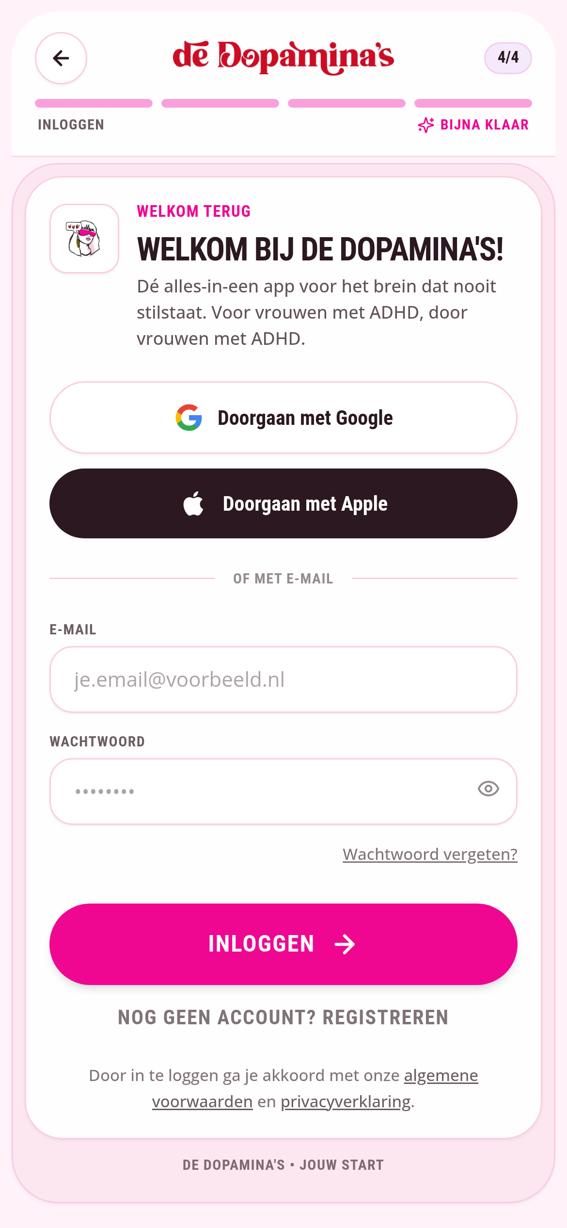 Het inlogscherm met Google, Apple en e-mail