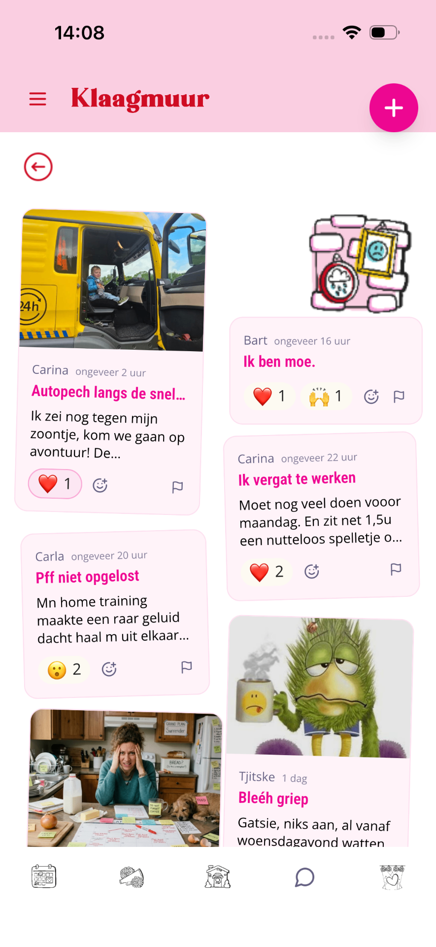 Klaagmuur met posts Autopech langs de snelweg, Ik ben moe, Pff niet opgelost, Ik vergat te werken en Bleéh griep