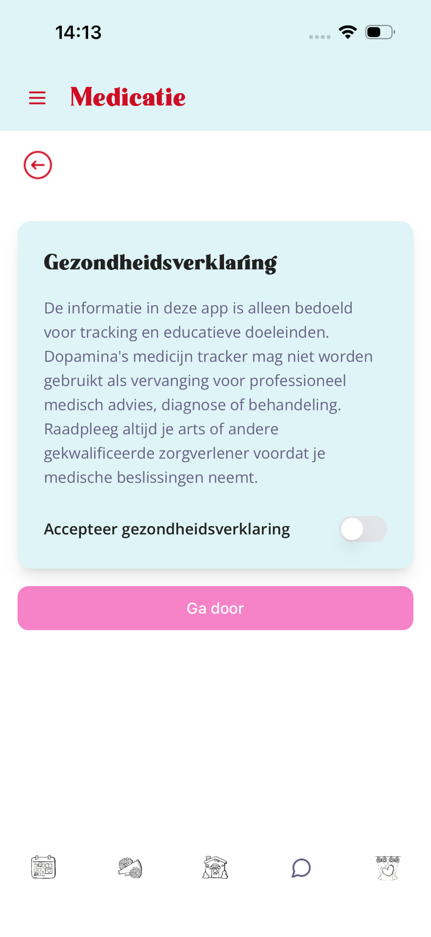 Scherm met gezondheidsverklaring en accepteer-toggle.