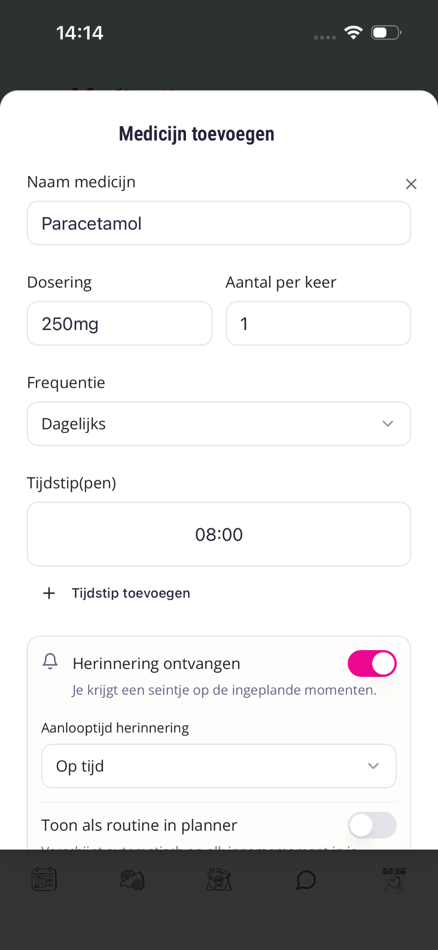 Formulier nieuw medicijn met naam, dosering, frequentie en tijdstip.