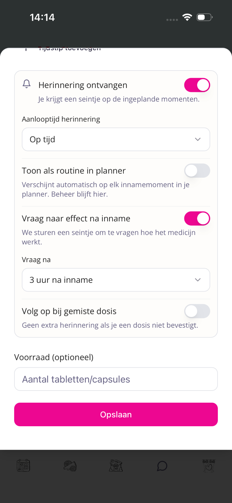 Toggles voor herinnering, routine, effectvraag en voorraadveld.