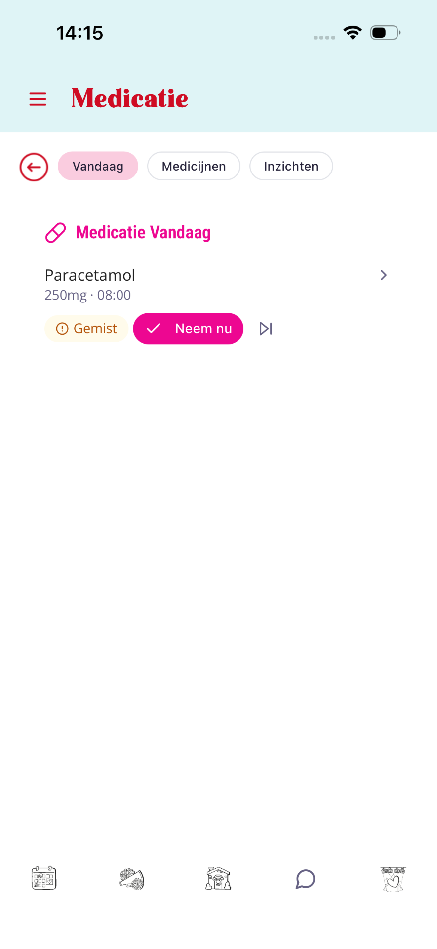 Paracetamol 250mg om 08:00 met knoppen Gemist en Neem nu.