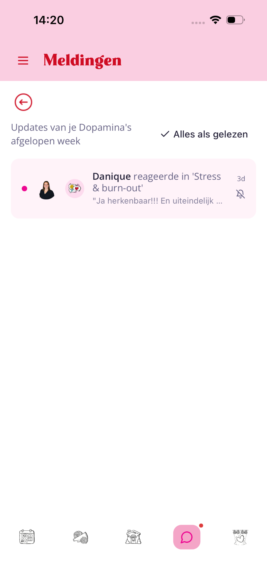 Meldingen-scherm met 'Updates van je Dopaminas afgelopen week' en een reactie van Danique in 'Stress & burn-out'