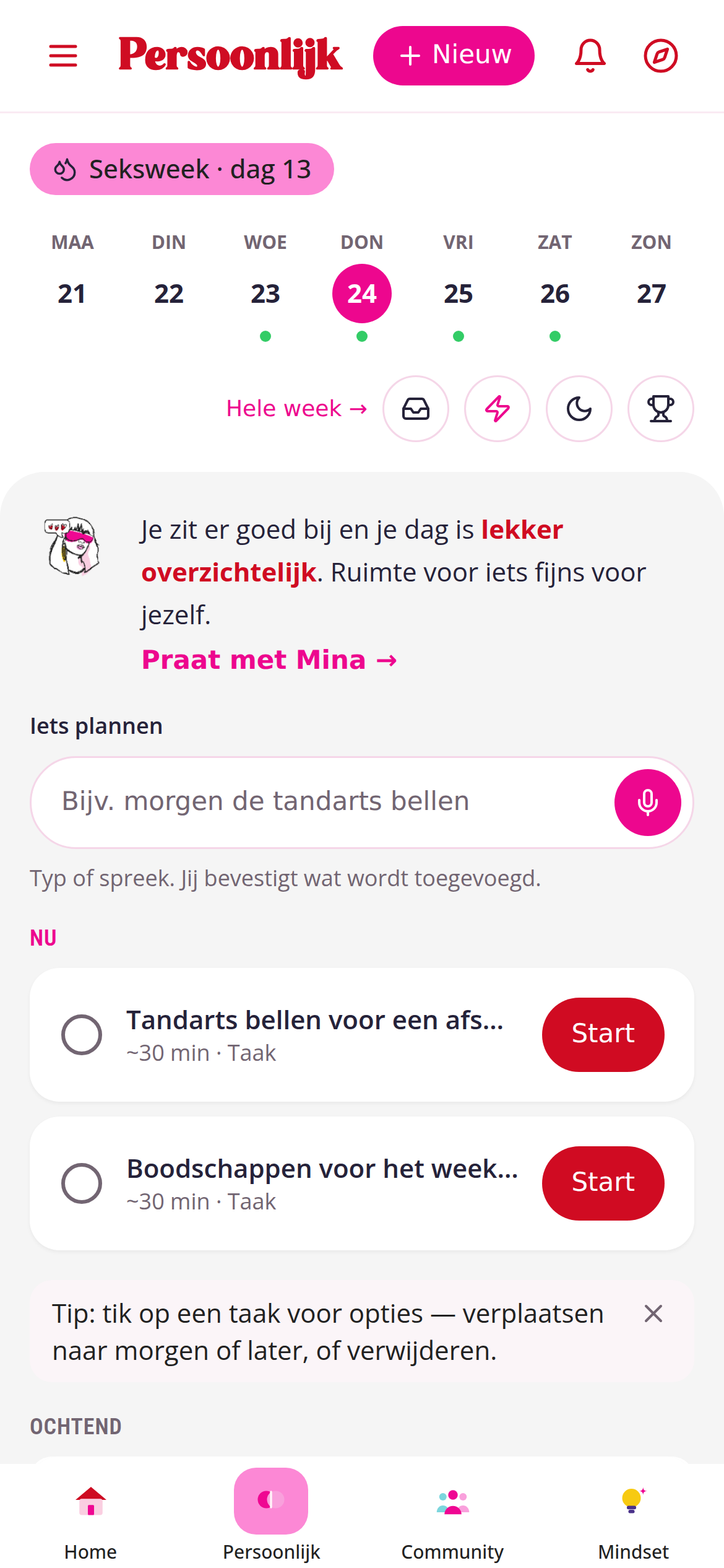 Het Persoonlijk-dagscherm met Mina's bericht en je taken van vandaag