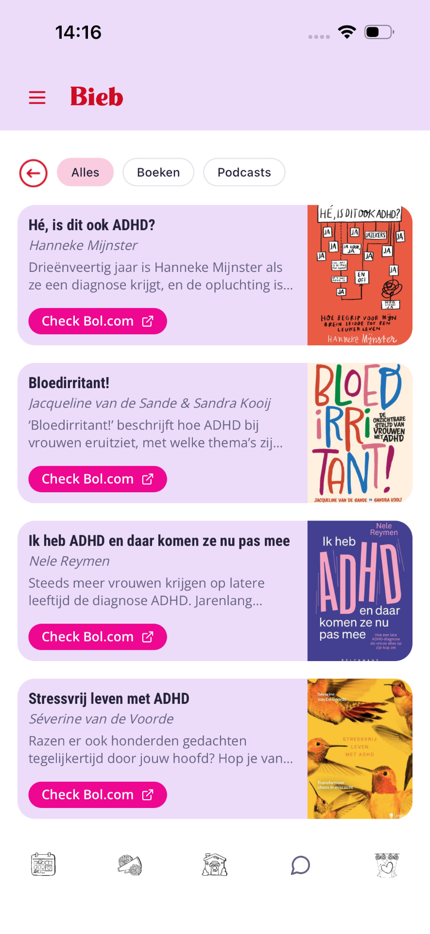 Lijst met ADHD-boeken zoals 'Hé, is dit ook ADHD?' en 'Bloedirritant!'.