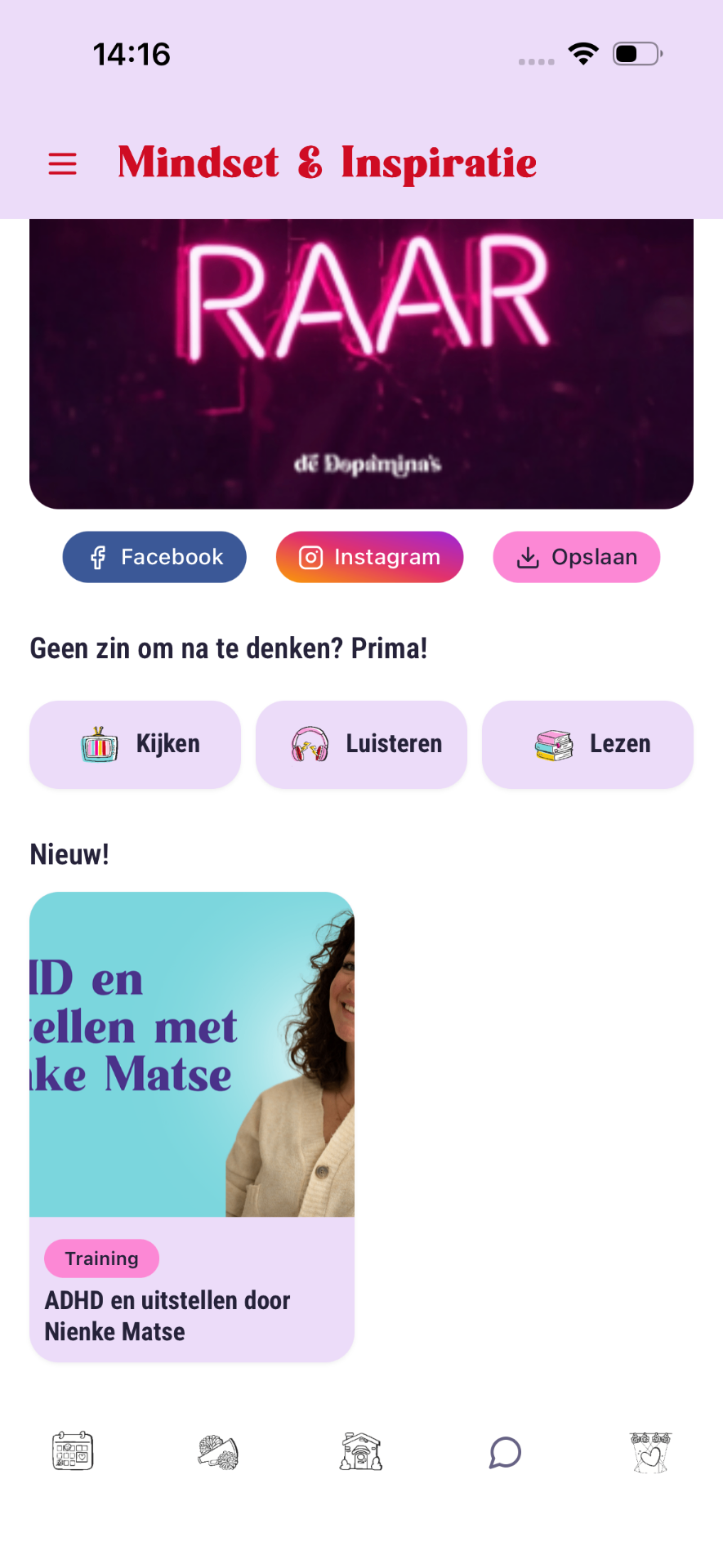Drie ronde knoppen Kijken, Luisteren, Lezen en sectie Nieuw.