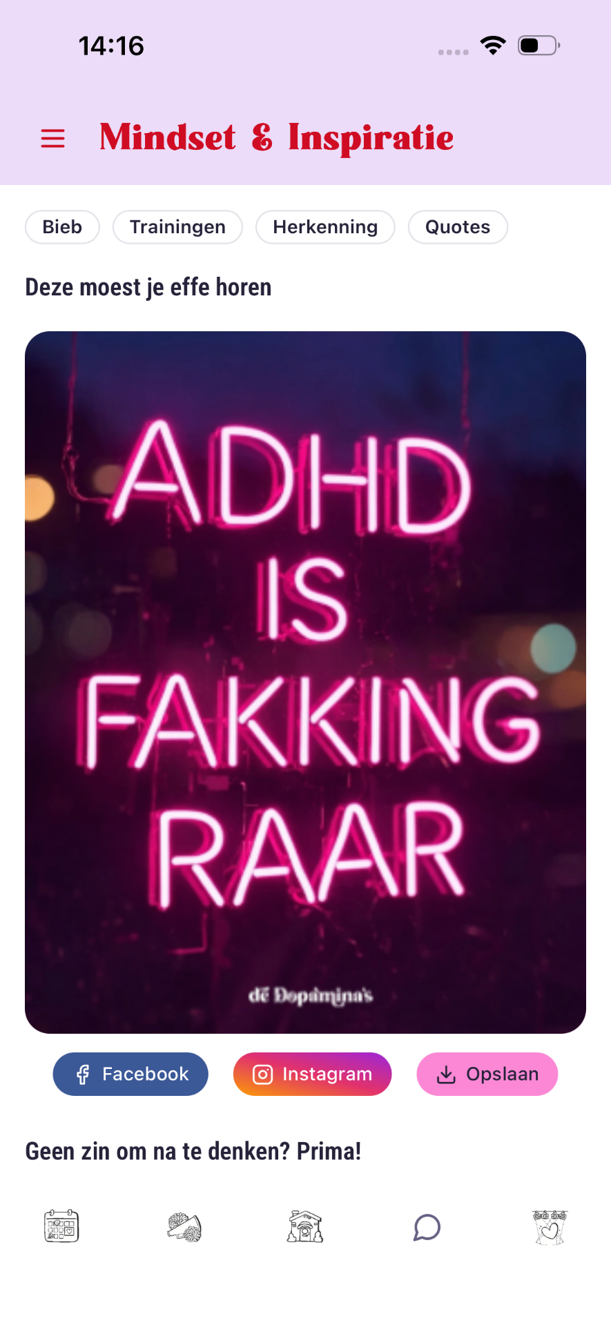 Mindset & Inspiratie met dagelijkse quote en deelknoppen.