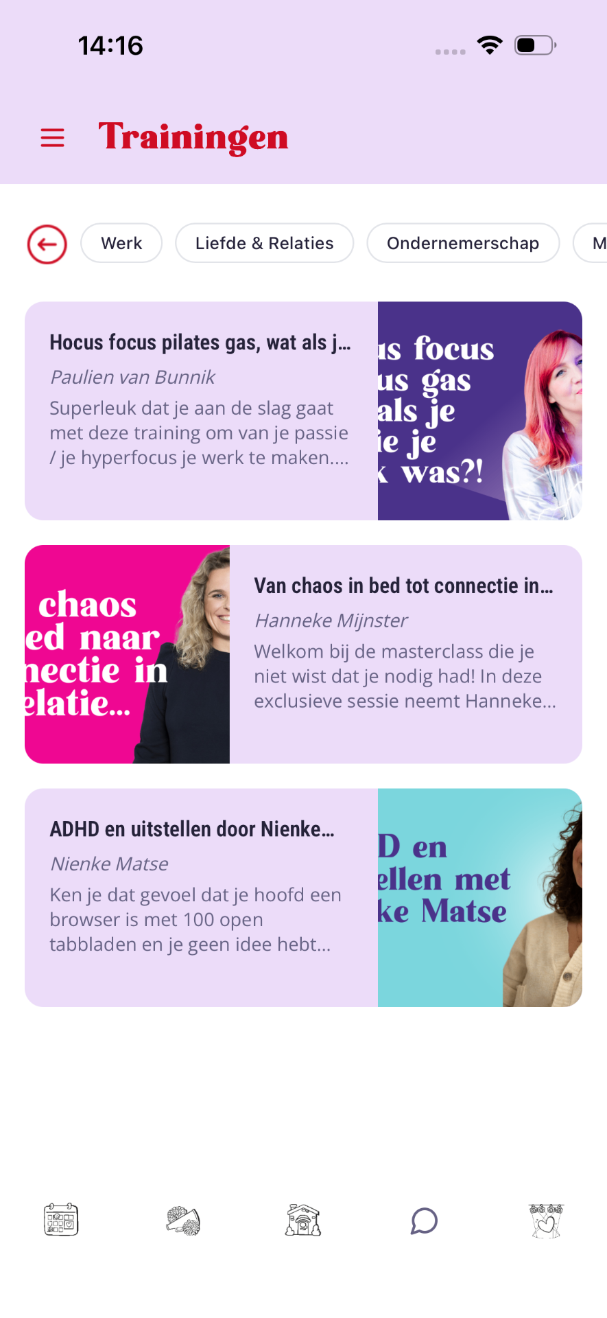 Lijst met trainingen zoals 'Hocus focus pilates gas' en 'ADHD en uitstellen'.