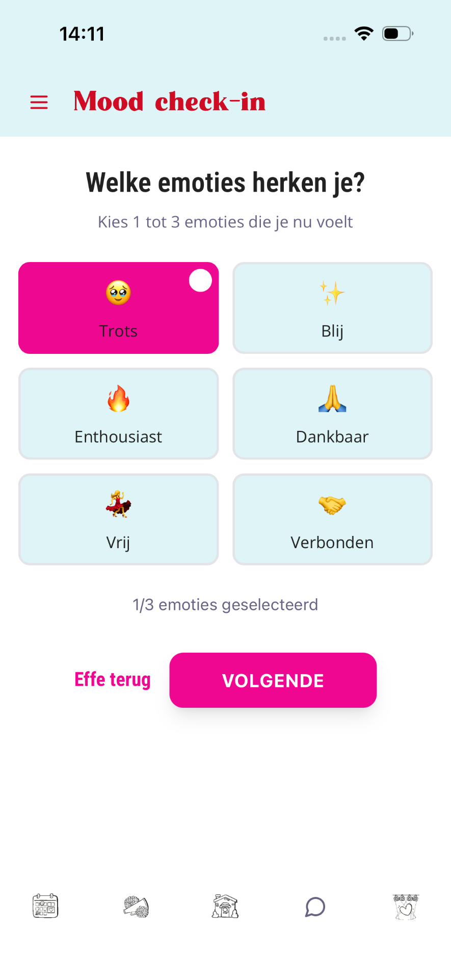 Mood check-in stap 2: zes emotiekaarten met emoji's, één geselecteerd (Trots), teller toont 1/3 emoties geselecteerd.