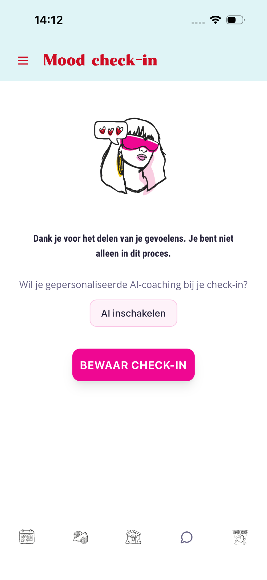 Mood check-in afsluiting: bedankboodschap met illustratie, knop 'AI inschakelen' en grote roze knop 'Bewaar check-in'.