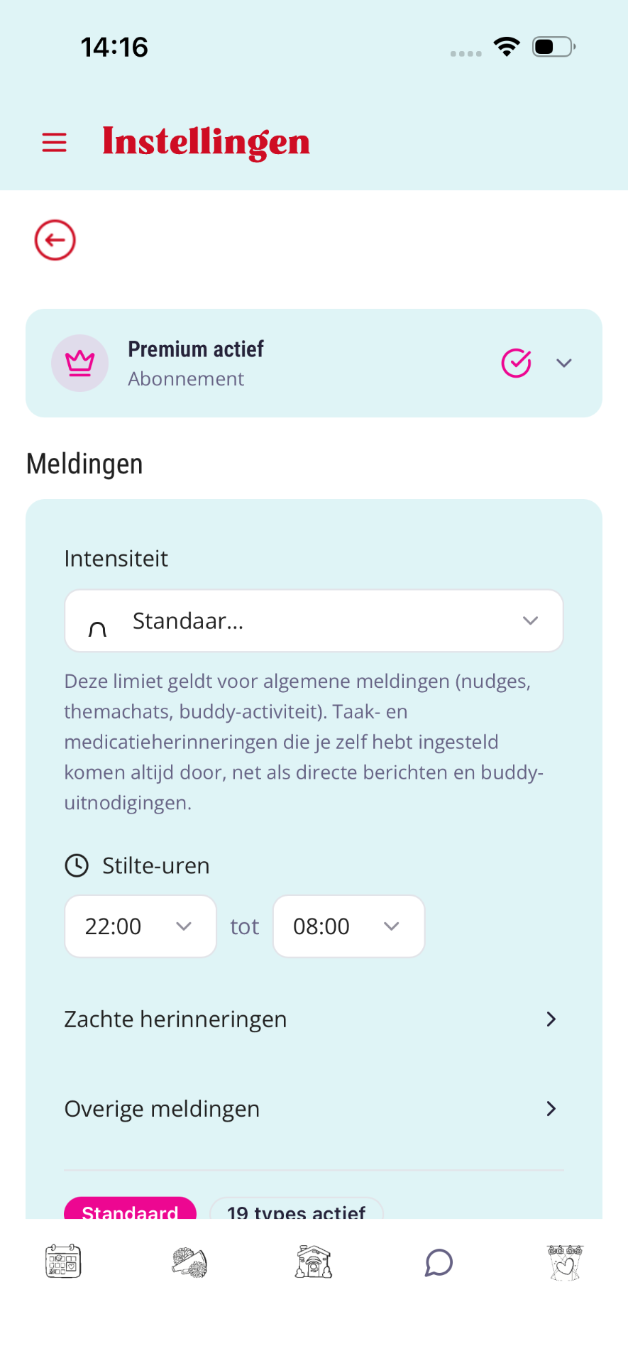 Instellingen Meldingen met Intensiteit-dropdown en stilte-uren 22:00–08:00.