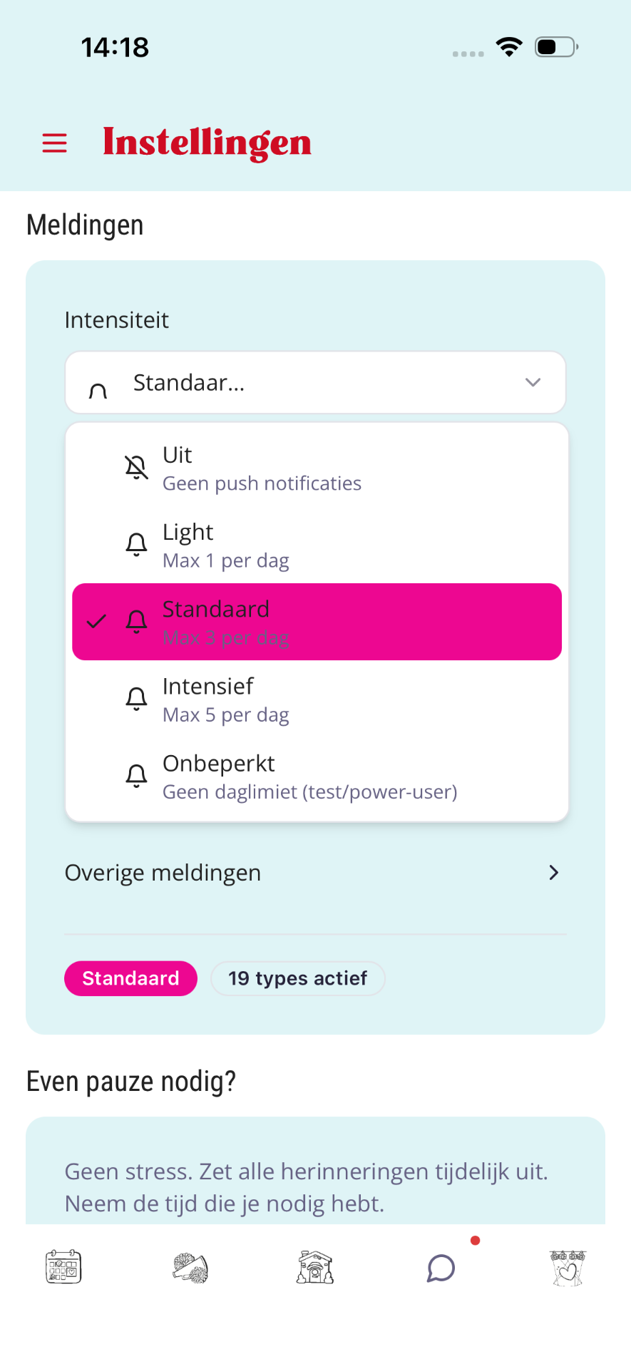 Dropdown met Uit, Light, Standaard, Intensief en Onbeperkt.