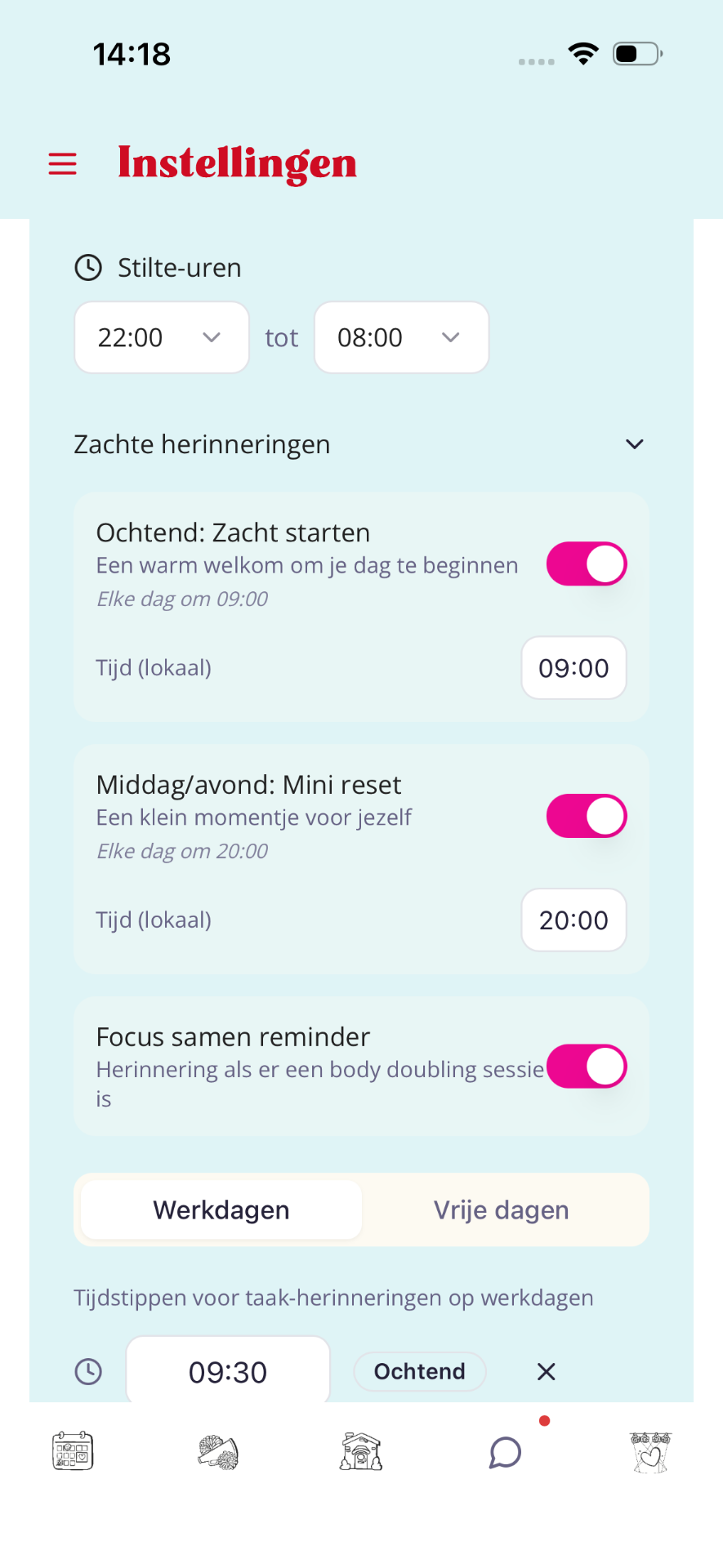 Toggles voor Ochtend, Middag/avond en Focus samen reminder met tijden.