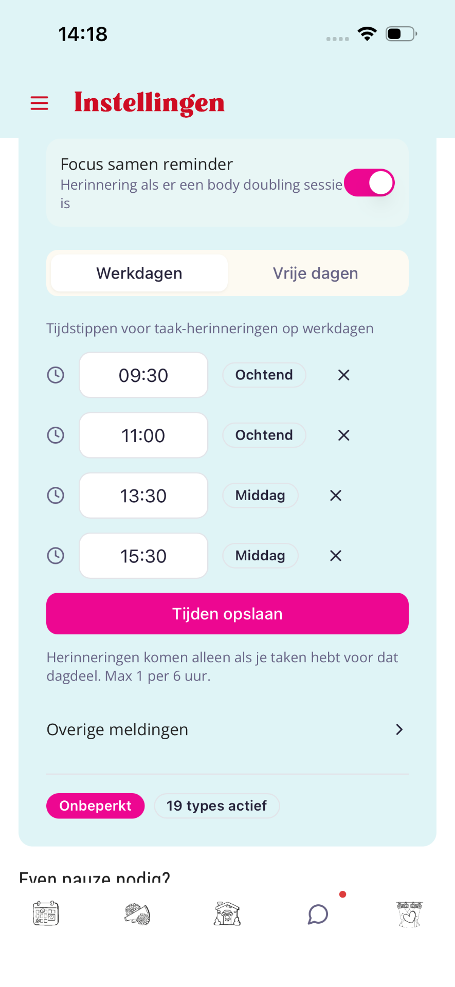 Lijst met tijdstippen 09:30, 11:00, 13:30, 15:30 en knop Tijden opslaan.