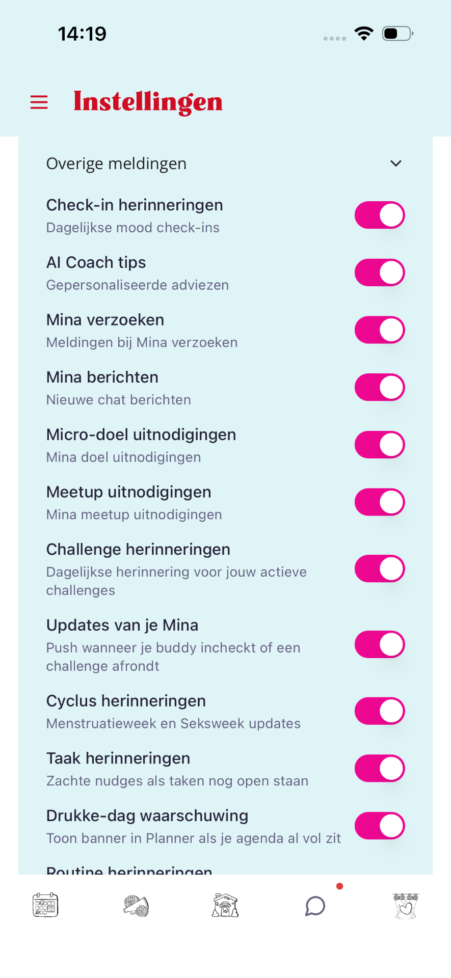 Lijst met toggles voor check-ins, Mina, jouw AI coach tips, Mina, challenges, cyclus en taken.