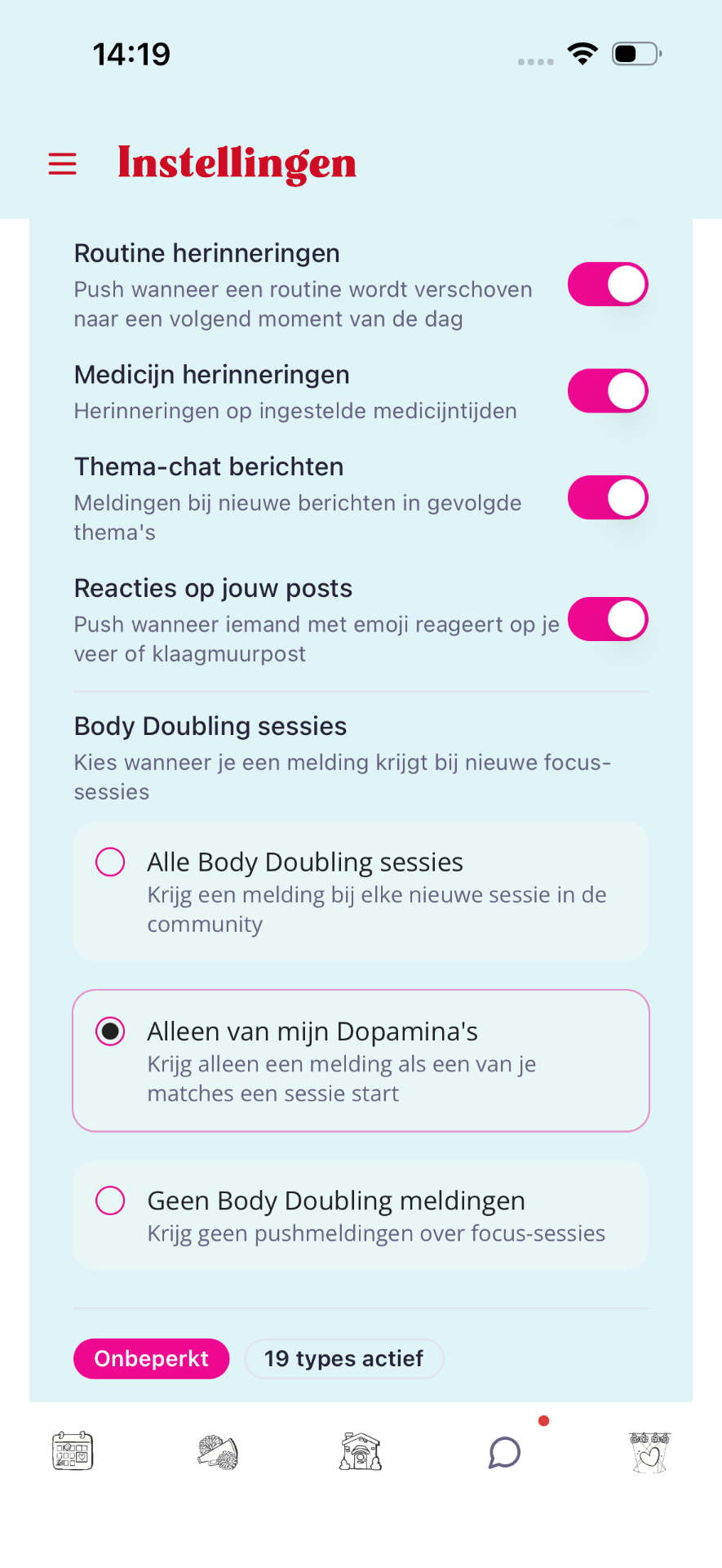 Toggles routine, medicijn, thema-chat en radio-opties Body Doubling.