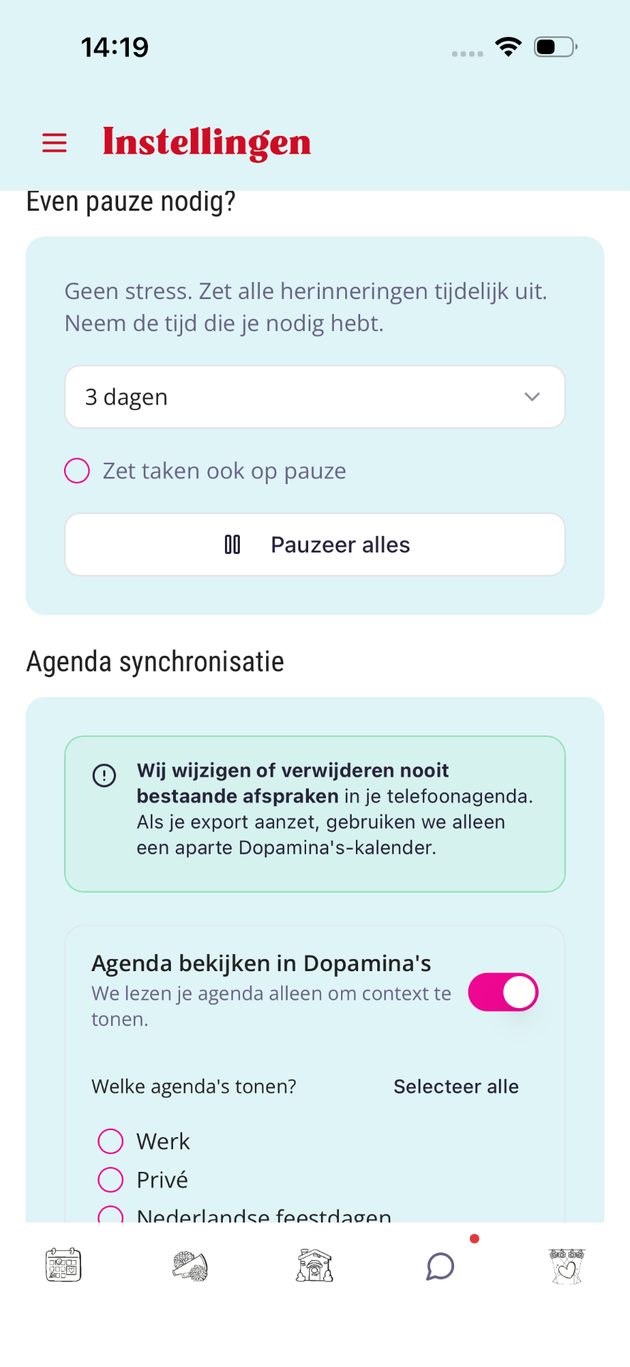 Pauze-paneel met periode 3 dagen en knop Pauzeer alles.