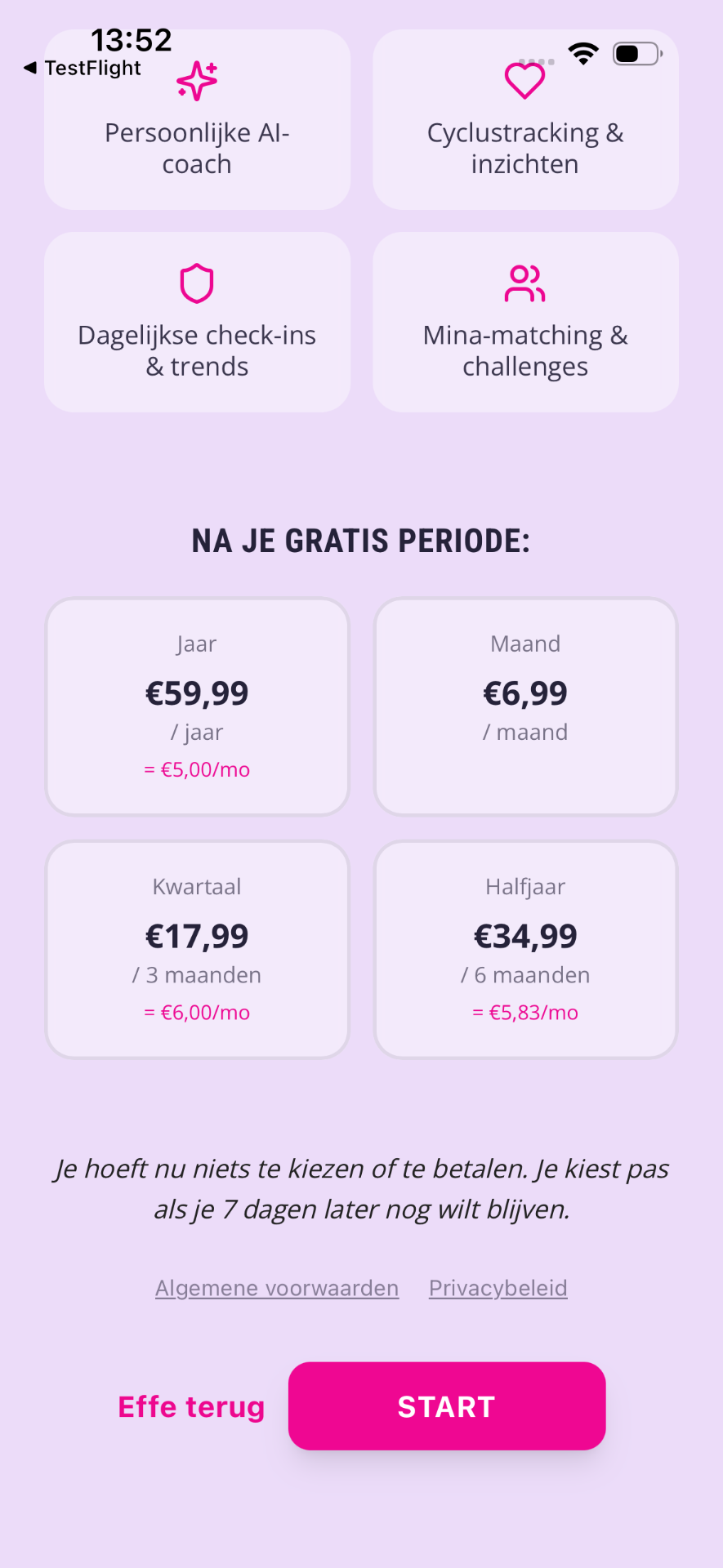 Overzicht van Premium abonnementen met Start-knop