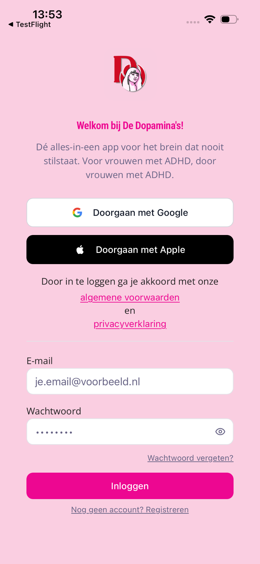 Inlogscherm met Google, Apple en e-mail opties