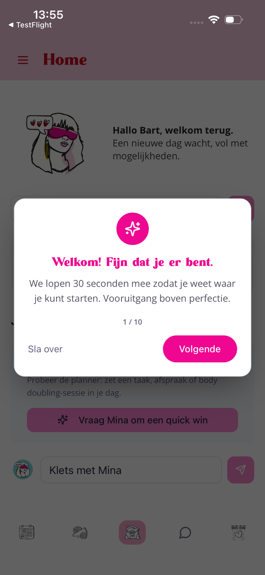 Feature tour popover met titel Welkom Fijn dat je er bent