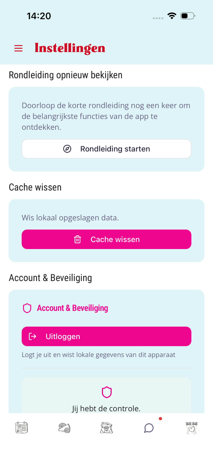 Secties Rondleiding opnieuw bekijken, Cache wissen en Account & Beveiliging.