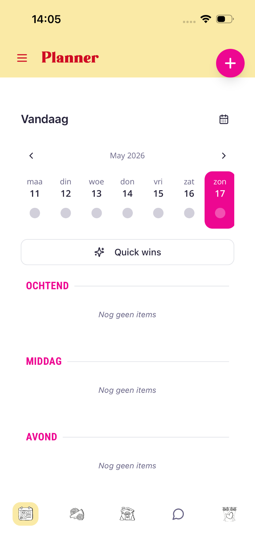 Planner-scherm Vandaag met week-strip, Quick wins-knop en blokken Ochtend, Middag, Avond