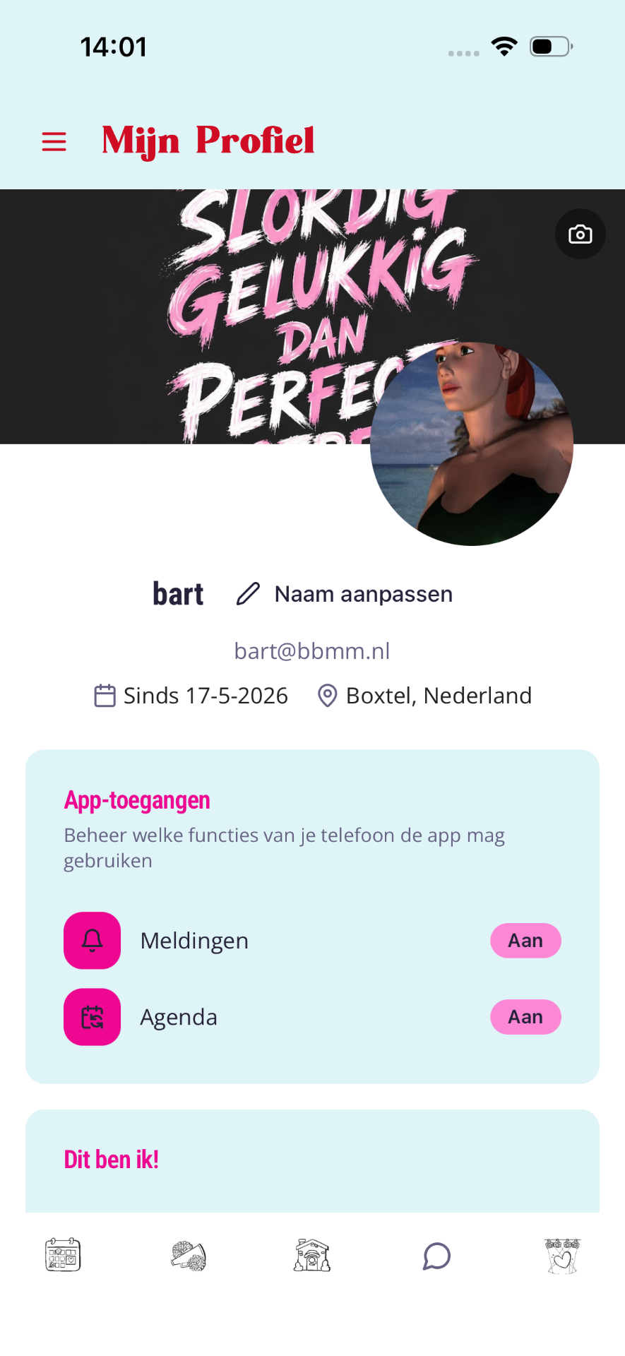 Mijn Profiel header met cover, avatar en standaardnaam bart