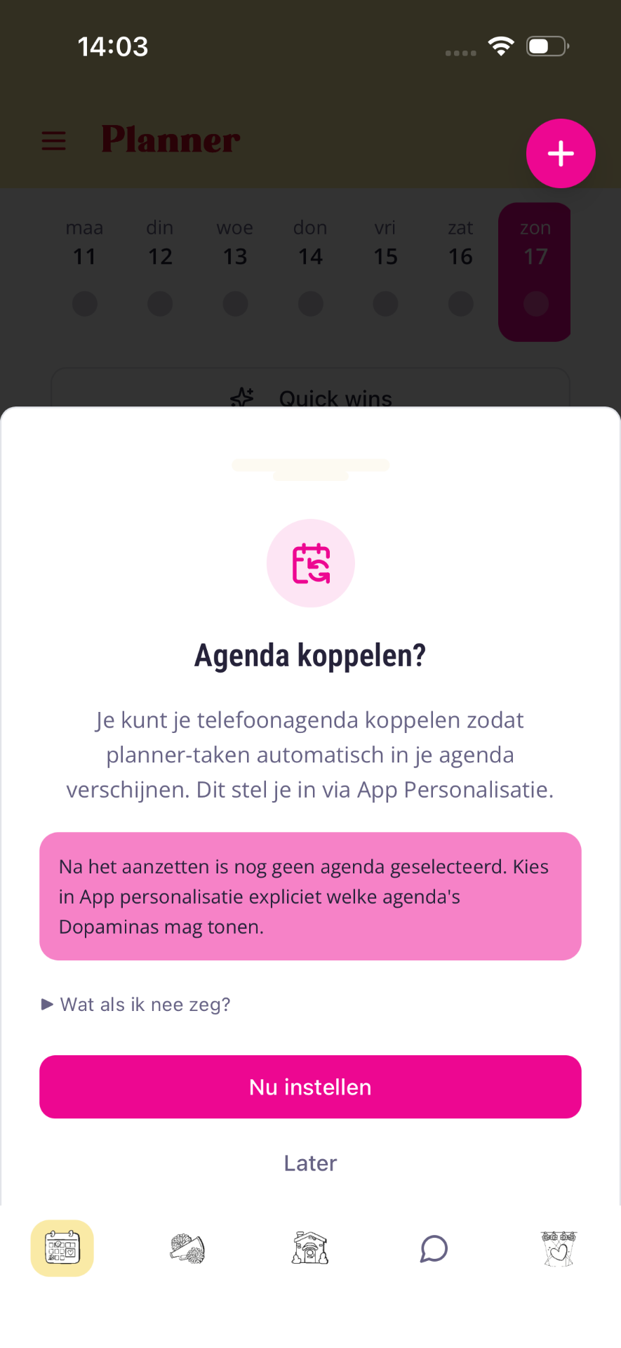 Popup Agenda koppelen met uitleg en knop Nu instellen