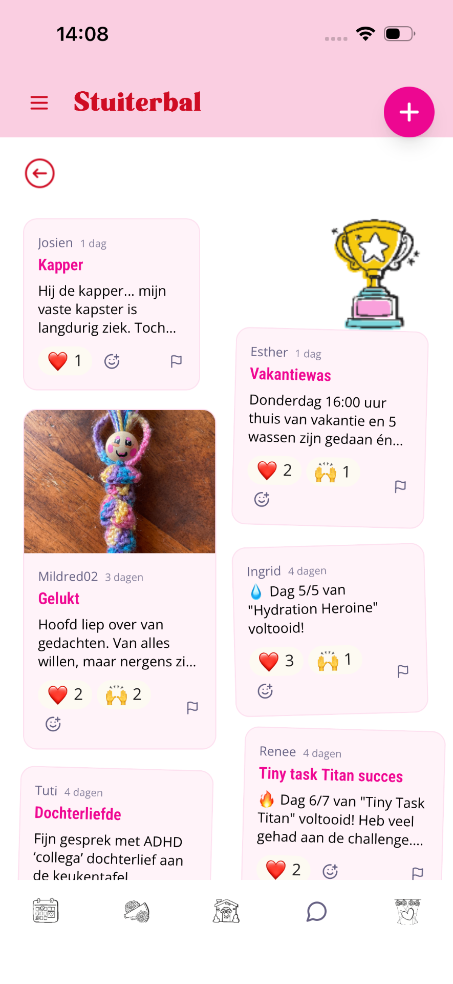 Stuiterbal met posts Kapper, Vakantiewas, Gelukt, Hydration Heroine en Tiny task Titan succes